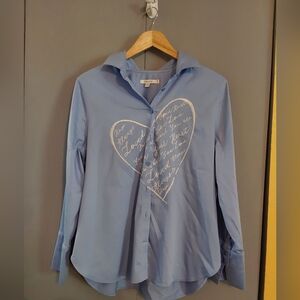 Chico's Blue Button-Up Shirt with Heart Design